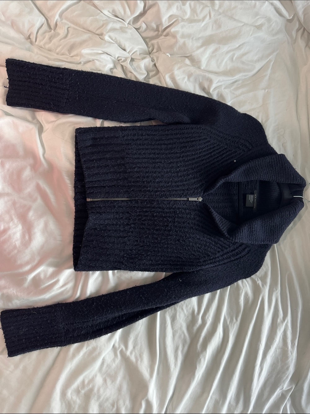Armani Exchange Black Ribbed Zip-Front Scoop Collar Sweater